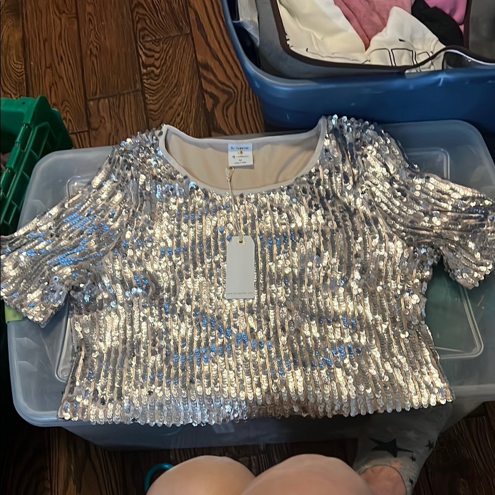 By Together Silver Sequin Short-Sleeve Crop Top
